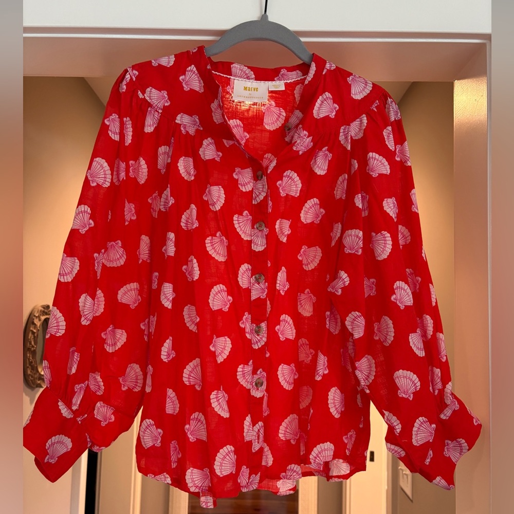 Maeve by Anthropologie Coral Red Blouse with Pink Shell Design